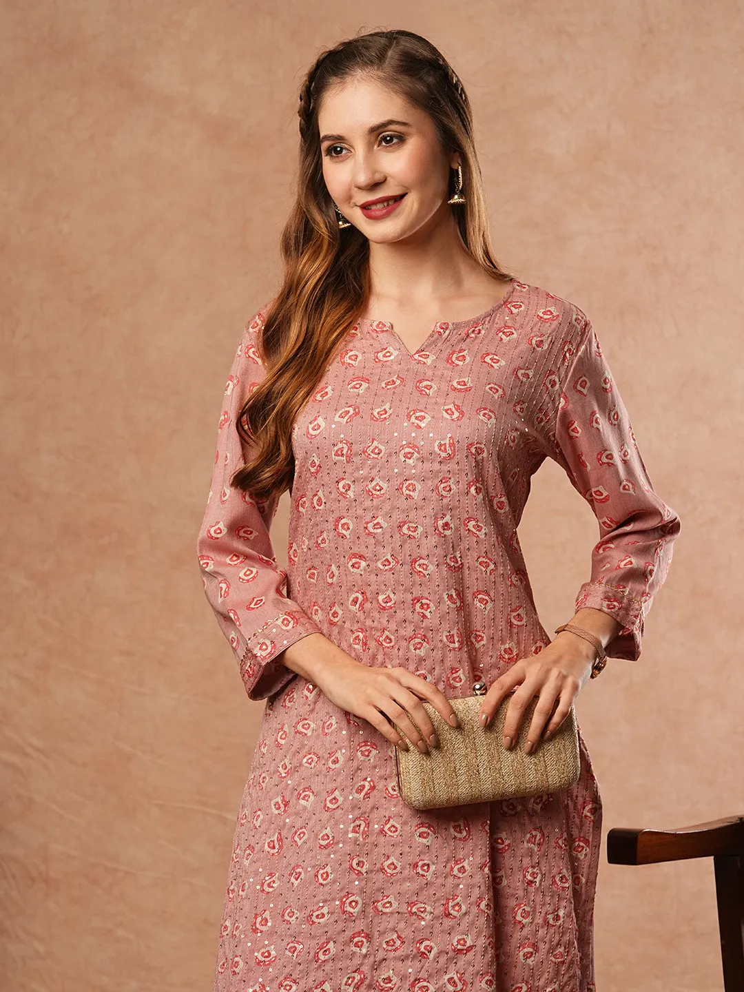 Abstract Printed Sequins & Resham Embroidered Kurta with Pants - Light Rust