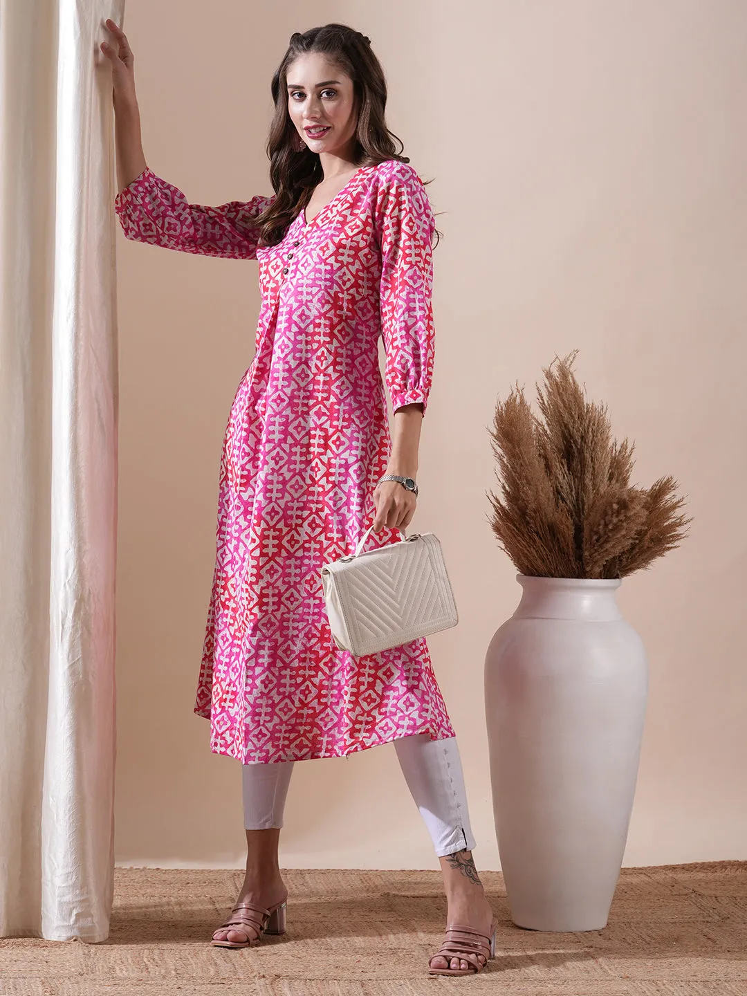 Abstract Printed Wooden Buttoned Pleated Front Kurta - Pink