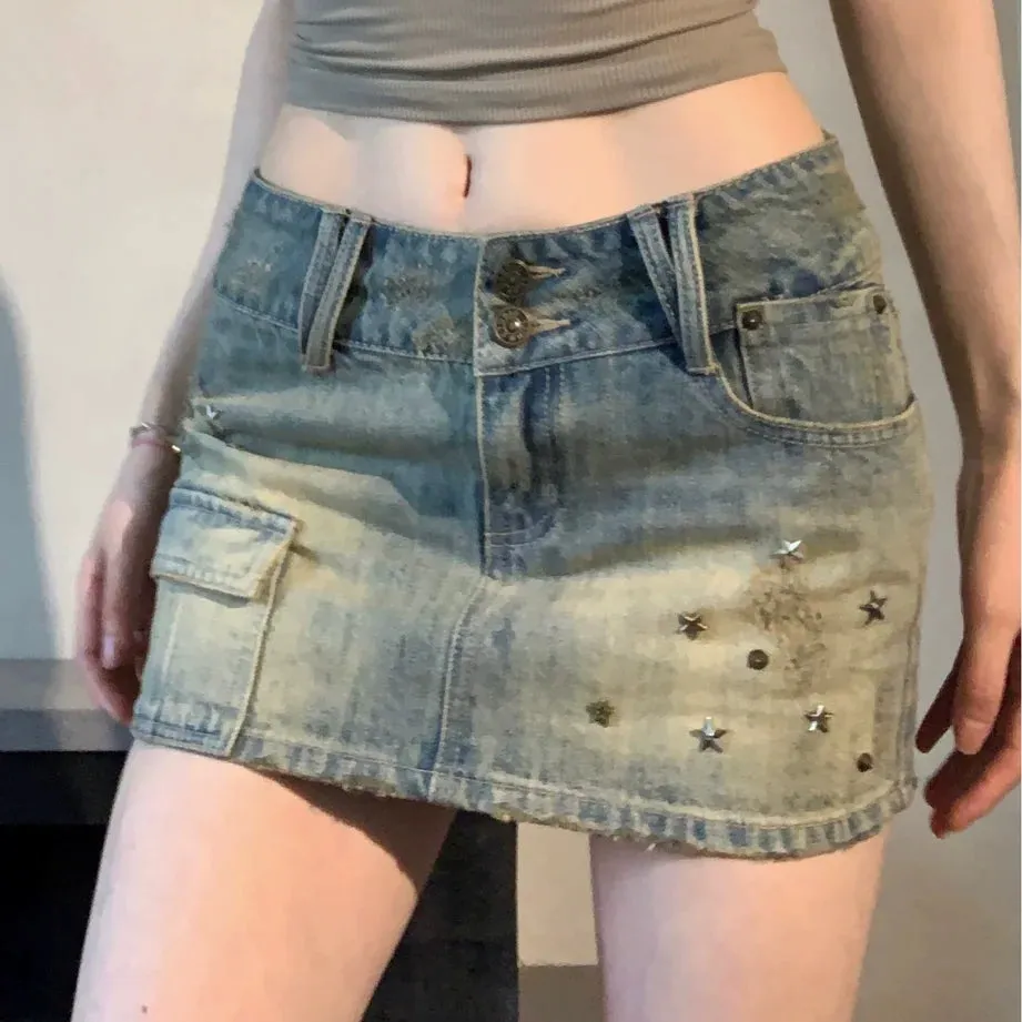 American Retro Rivet Pockets Denim Summer High Waist Vintage Fashion A-Line Skirt