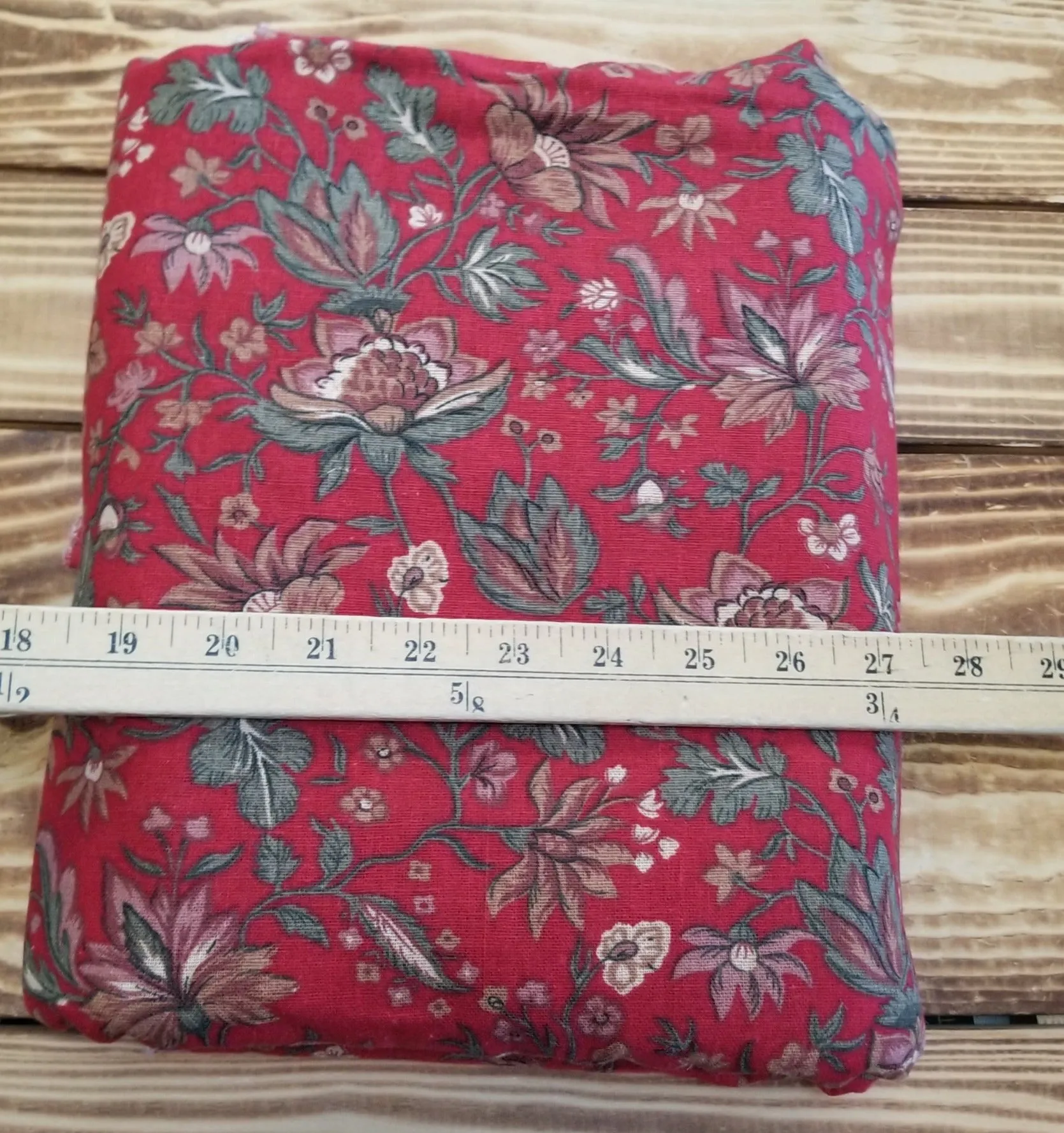 End of Bolt: 2.5  yards of  Cotton Linen Deadstock Red Folklore Florals Woven- Remnant