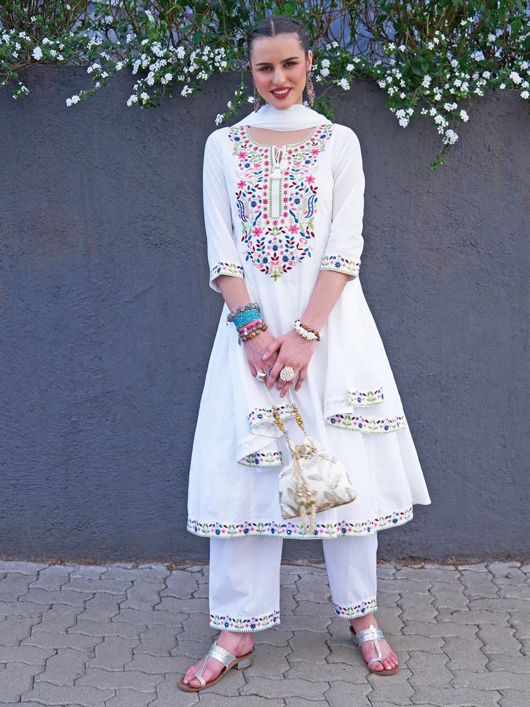 Ethnic Embroidered A-Line Kurta with Palazzo & Dupatta - White