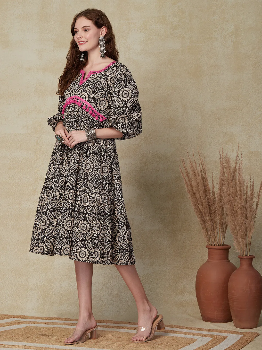 Ethnic Floral Printed A-Line Tiered Midi Dress - Black